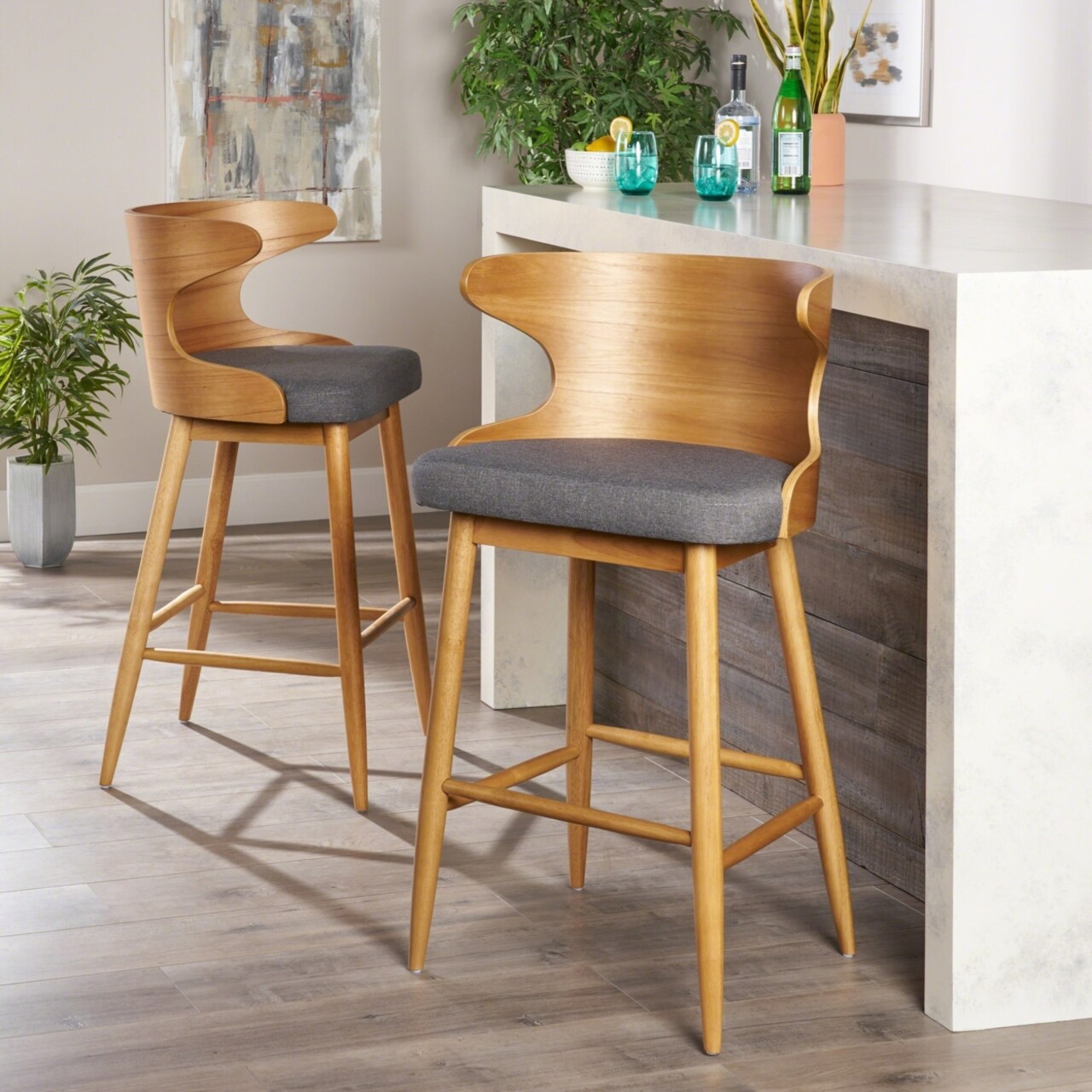 GDFStudio Truda Mid-Century Modern Upholstered Barstools (Set of 2)